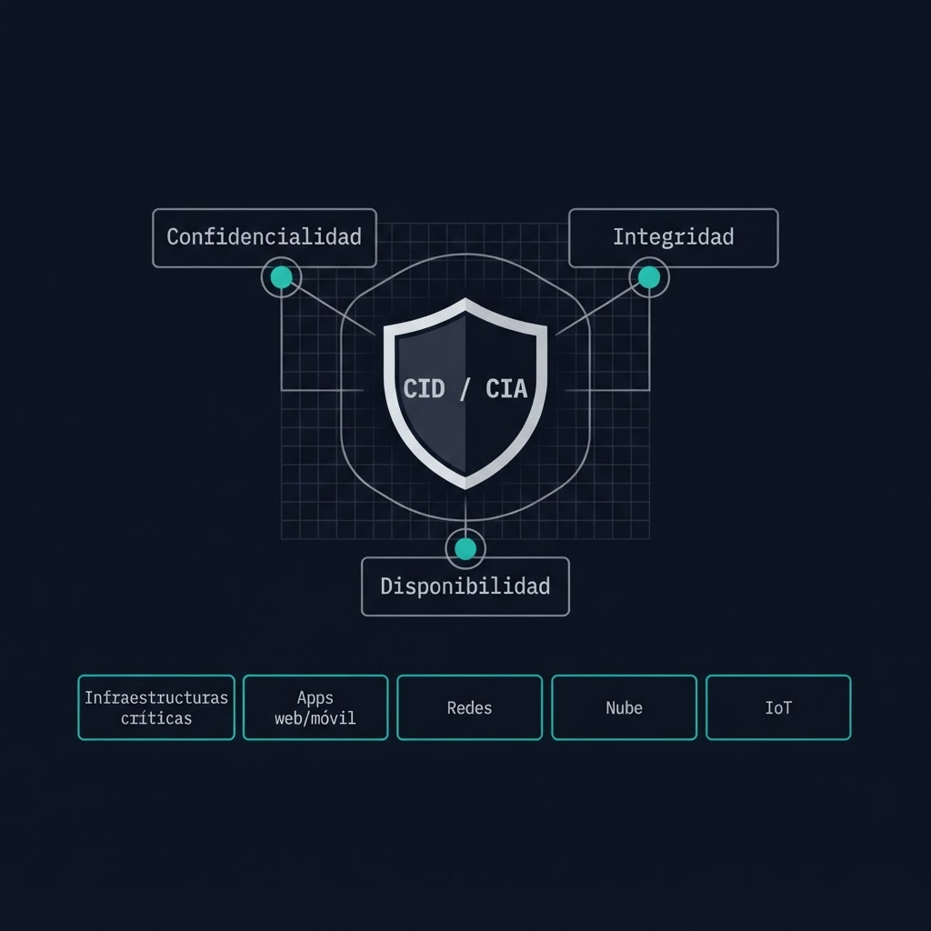 Diagrama de la tríada CID (Confidencialidad, Integridad, Disponibilidad) y las cinco categorías de la ciberseguridad