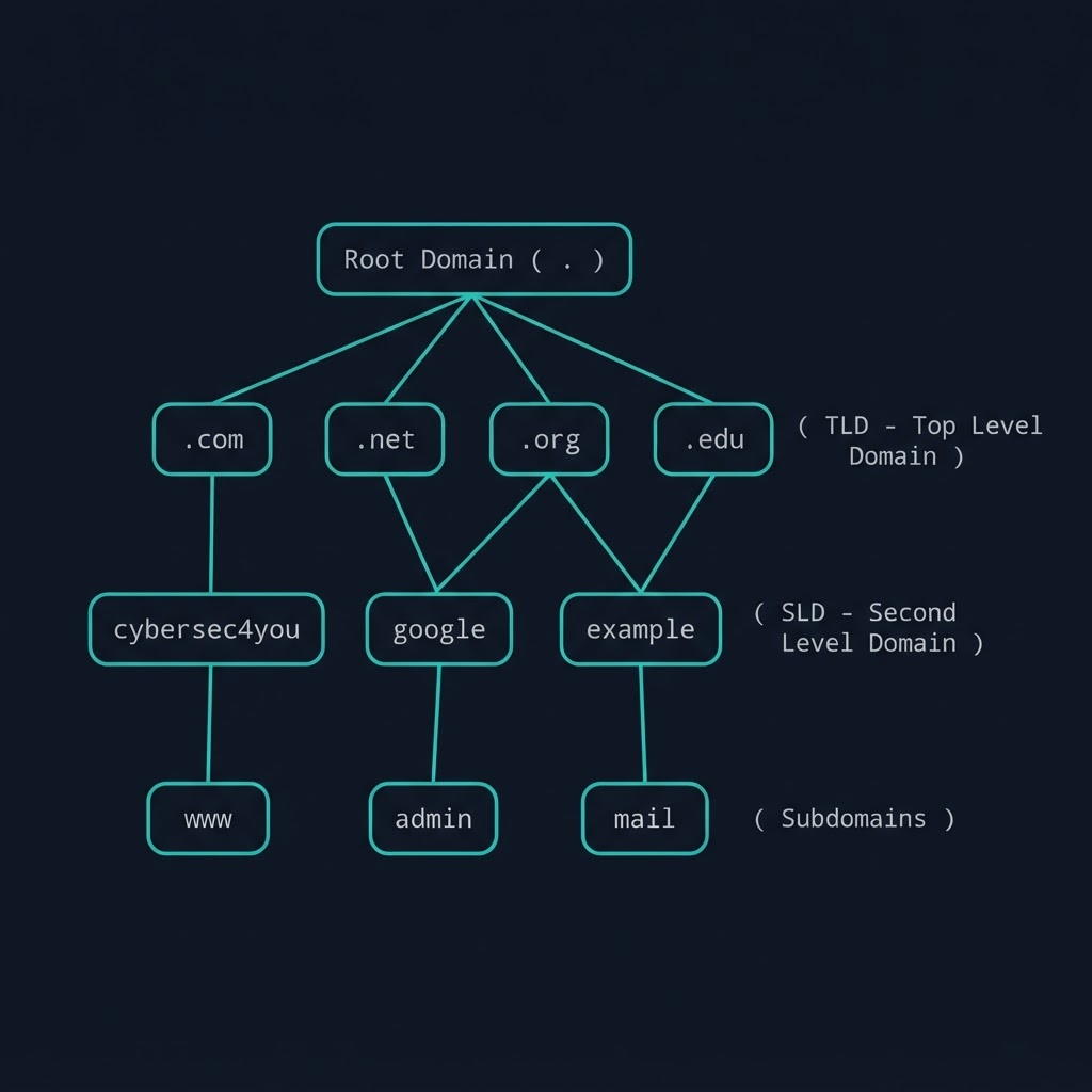 Diagrama de la jerarquía del DNS: dominio raíz, TLD, dominio de segundo nivel y subdominios organizados como un árbol invertido.