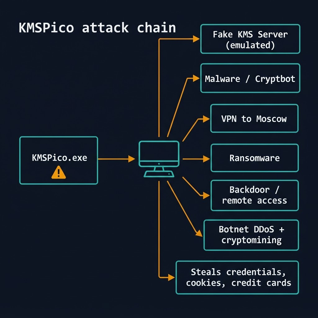 Diagrama de la cadena de ataque de KMSPico: el instalador pirata emula un servidor KMS falso e introduce malware, conexiones VPN a Moscú, ransomware, backdoors y botnets para robar credenciales, cookies y tarjetas de crédito.