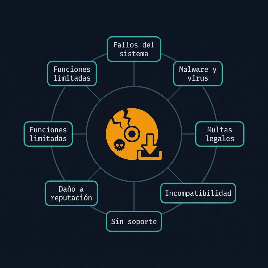 Diagrama de los 7 riesgos del software pirata: fallos del sistema, malware, multas legales, incompatibilidad, sin soporte, daño a la reputación y funciones limitadas.
